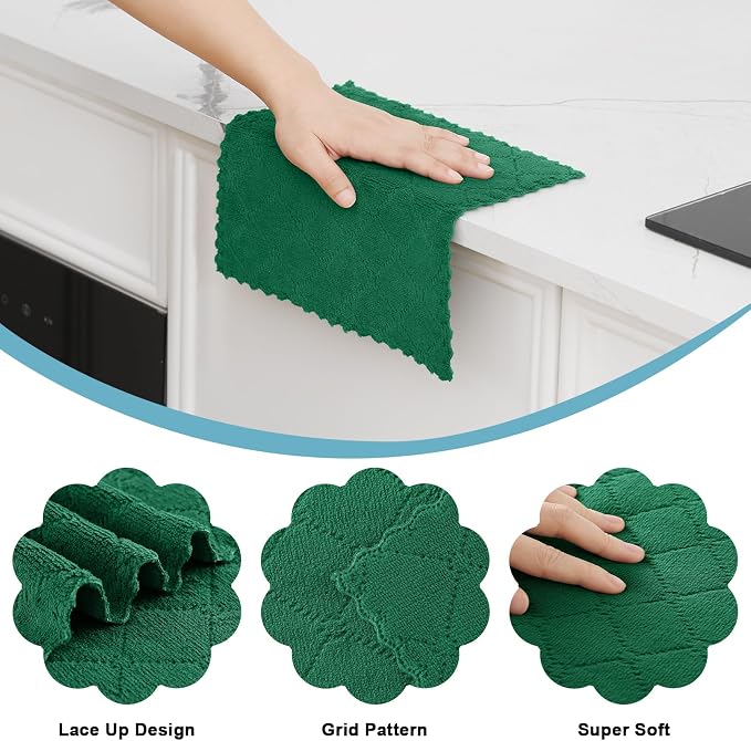 Homaxy 12 Pack Kitchen Dish Cloths (10 x 10 Inches, Dark Green), Super Soft and Absorbent Coral Velvet Dish Towels, Nonstick Oil Fast Drying Microfiber Cleaning Cloth, No Lint Household Dishcloths