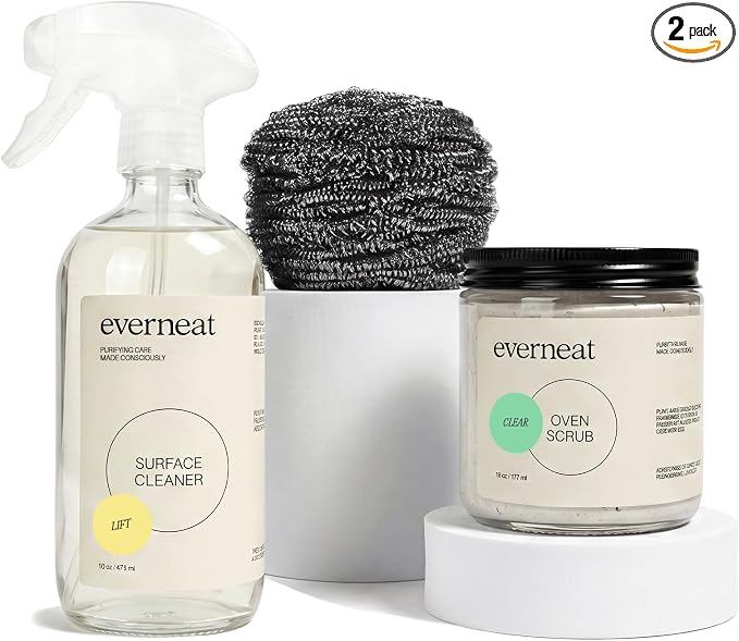 Everneat Oven Cleaning Kit: Natural Oven Cleaner and Kitchen Cleaner | Heavy Duty | Grill, Stovetop, Rack | Fume-free | Non-toxic | & Safe to Clean All Ovens (Lift) | Refillable Glass Jar & Bottle