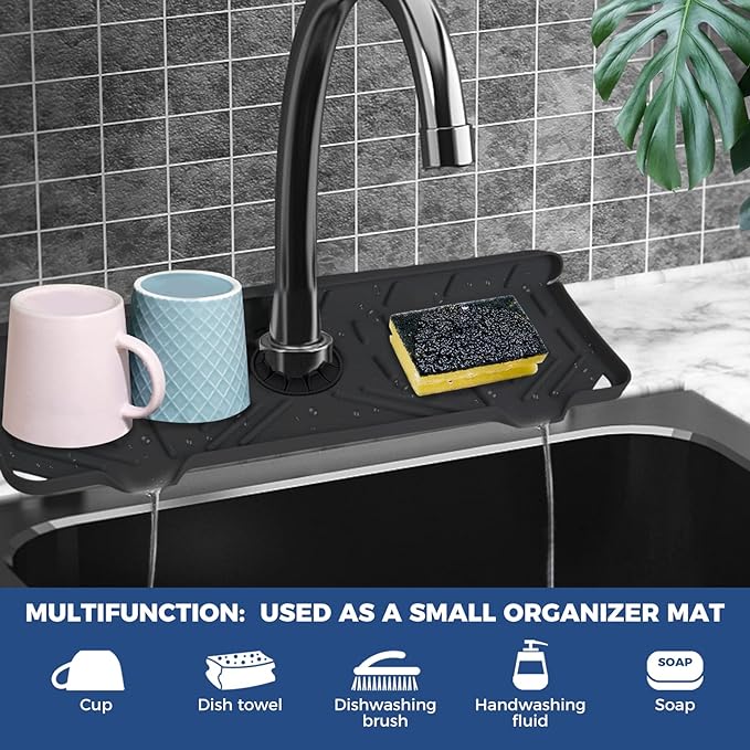 Silicone Faucet Handle Drip Catcher Tray Mat, Silicone Faucet Mat, Dish Soap Sponge Holder for Kitchen Sink Accessories, Drying Mat for Kitchen Counter & Bathroom Kitchen Sink Splash Guard (Black)