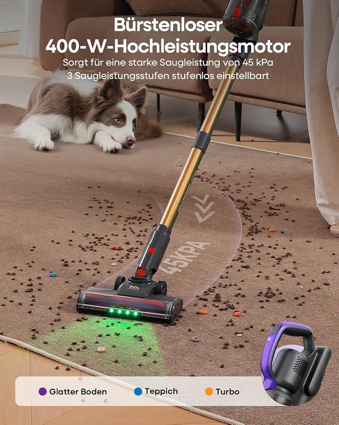 AlloyMove Cordless Vacuum Cleaner 45KPA, Up to 60mins Runtime Lightweight Powerful Suction Vacuum Cleaners for Home, 3 Suction Modes, Rechargeable Stick Vacuum for All Floor/Carpet/Pet Hair/Car, A03