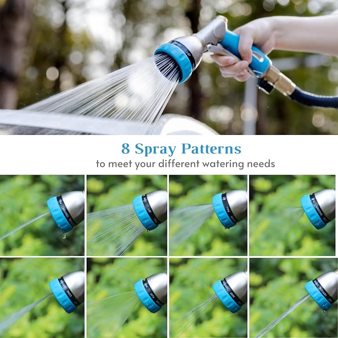 HOSUN 100% Metal Garden Hose Nozzle Sprayer with Ergonomic Handle, Blue | Heavy Duty, 8 Spray Patterns, Zinc Alloy Body, High Pressure, Non-Slip Grip, Squeeze latch, Watering Plant, Washing Car