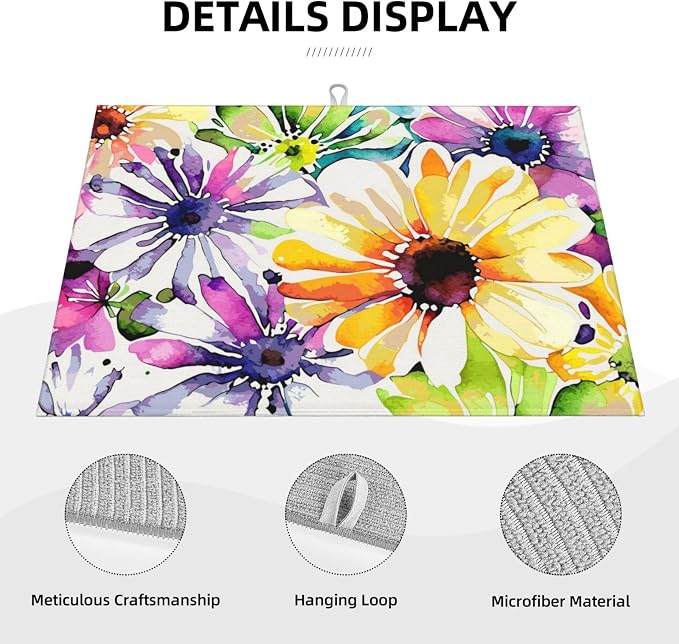 Colorful Flowers Dish Drying Mat For Kitchen Counter, Super Absorbent Microfiber Dish Drying Pad, Kitchen Gadgets For Easy Clean Multi-Use Large 18"x24"