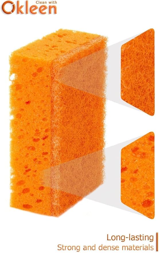 Orange Multi Use Scrub Sponge. Made in Europe. 9 Pack, 4.3x2.8x1.4 inches. Odorless Heavy Duty and Non Scratch Fiber. Durable and Delicate Scrubber for Dirty Surfaces in Kitchen, Home, Outdoors