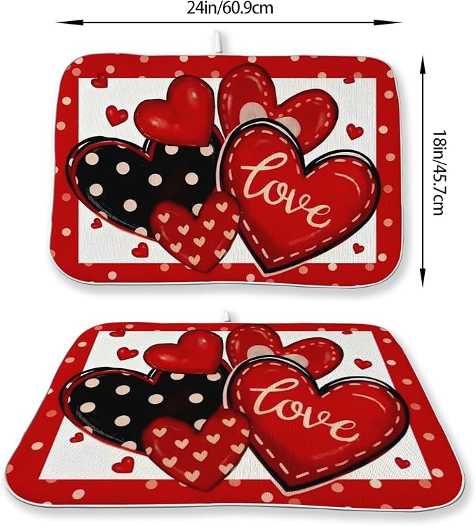Valentines Dish Drying Mat 18x24 Inch Black Red Hearts Dish Drainer Protector Pad for Kitchen Counter Absorbent Holiday Love Drying Pad for Drainer Rack Kitchen Fast Dry