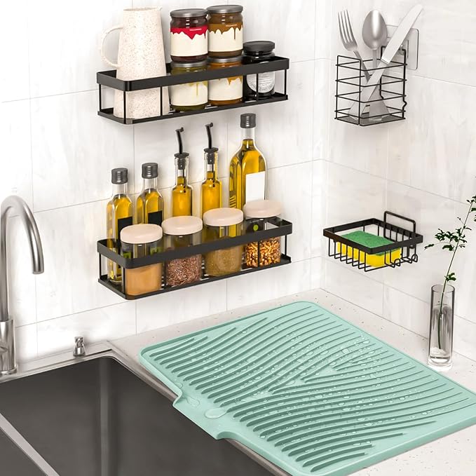 TIKNIK Silicone Dish Drying Mat for Kitchen Counter - Heat Resistant & Non-Slip Dish Drain Pad with Built-In Drain, Dishwasher Safe, Quick-Dry, Hangable & Roll-Up for Storage, Mint-1pcs, 20" x 15"