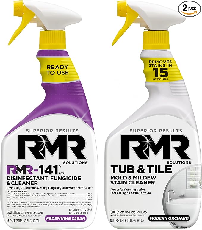 RMR Bathroom Brilliance Bundle – Tub & Tile Stain Spray + RMR-141 EPA Registered Mold & Mildew Remover, 2-Step Bathroom Cleaning & Disinfecting System for Showers, Sinks, Tile, Grout, 2–32 Oz Bottles