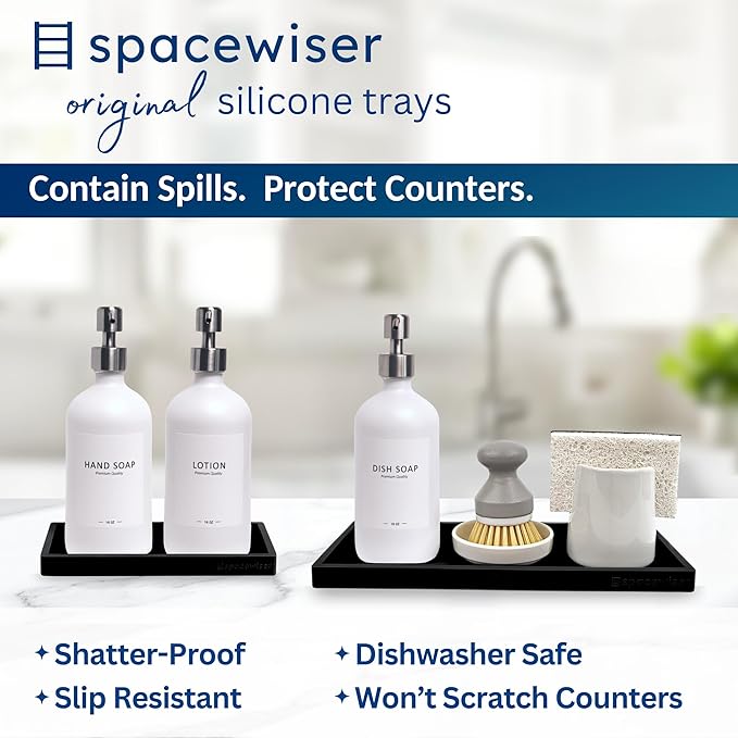 Spacewiser Countertop and Vanity Tray - 2 PC (11” and 7”) Shatterproof Silicone Kitchen and Bathroom Trays for Counter, Kitchen Soap Dispenser Tray, Vanity Trays for Bathroom, Perfume Key Tray