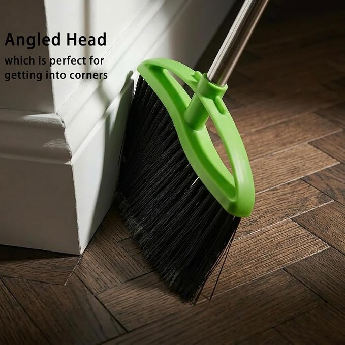 Soft Bristles Green Angle Broom and Dustpan Set, Long Handle Household Indoor Broom with Dustpan Combo Set for Room Kitchen Lobby Office Hardwood Floor Sweeping Floor Cleaning