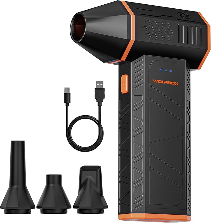 WOLFBOX MegaFlow 50 Compressed Air Duster, 110,000 RPM, 3-Gear Adjustable | Electric, Mini Blower, Fast Charging, Computer, Keyboard, House, Outdoor, Car, 0.45 lb Lightweight, 4 Nozzles