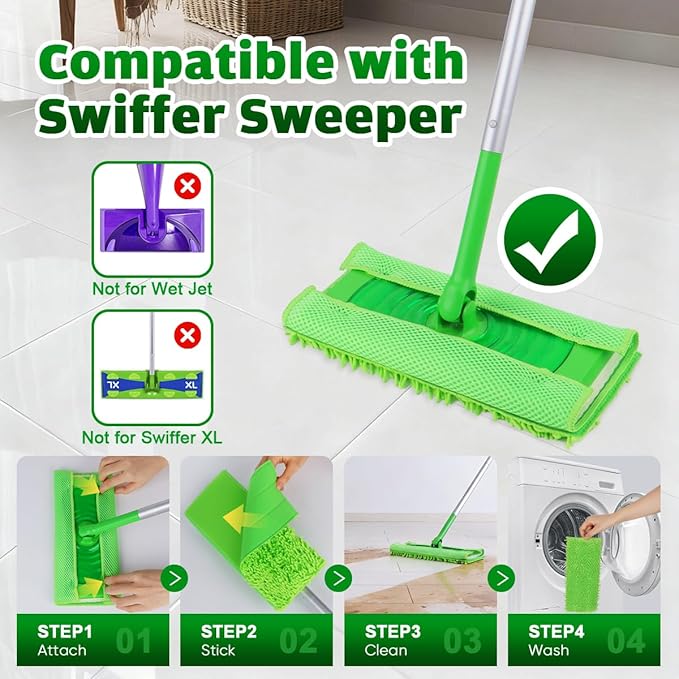 UNIMADE Reusable Microfiber Mop Pads Compatible with Swiffer Sweeper | 6 Replacement Pads + 1 Base Pad - Dry & Wet Sweeping Cloths, Washable Mopping Refills Use for Most Floor Types