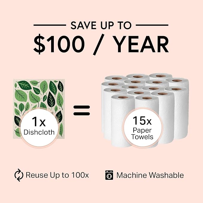 Swedish Wholesale Dishcloths Reusable 8" x 7" Sponge Cloths, Bulk 10 Pack of High Absorbent Cellulose Dish & Kitchen Cleaning Hand Towels, Wring to Dry & Machine Wash, Odor Resistant, Leaves
