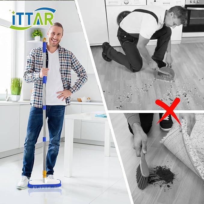ITTAR 55" Extendable Floor Scrub Brush, 12" Wide Heavy-Duty 2-in-1 Scrub & Squeegee Deck Brush for Tile Grout Shower Floor, Kitchen, Restaurant, Patio & Garage Cleaning