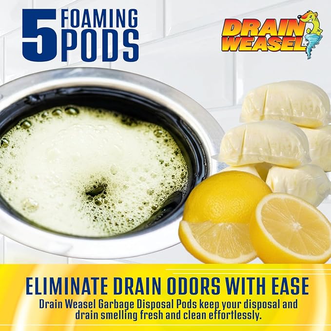 Drain Weasel Garbage Disposal Pods Cleaner and Deodorizer, Pack of 5 | Sink Odor Eliminator with Foaming Action, Septic-Safe Enzyme Formula, Fresh Lemon Scent