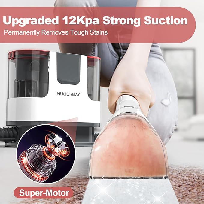 Upholstery Carpet Cleaner, MUJERBAY 12Kpa Portable Spot and Stain Cleaner, Easy Move with Universal Wheels & Handle, 1.23-inch Deep Cleaning Machine for Couch, Stairs, Car and Pet Messes.
