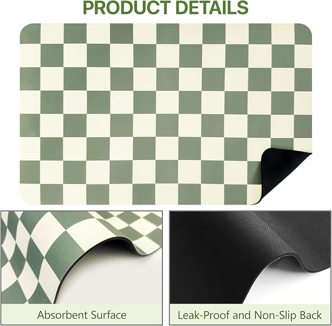Dish Mat Drying Kitchen Mat, ,16"x 24" Super Absorbent Kitchen Dish Drying Pad for Countertop, Easy to Clean Drainer Mats with Non-slip Rubber Backed for Kitchen Counter,Green Checkered