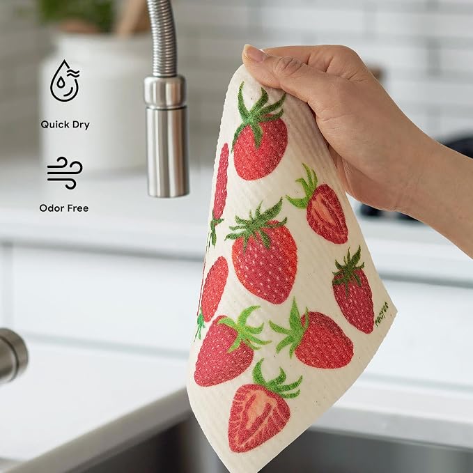 RECYCO Swedish Dishcloths for Kitchen | 5 Pack Fruit Grove Washable Dish Rags | Cellulose Reusable Cleaning Paper Towels | Absorbent Counter Dish Cloth Sponge Kitchen Wipes, 8" L x 7" W