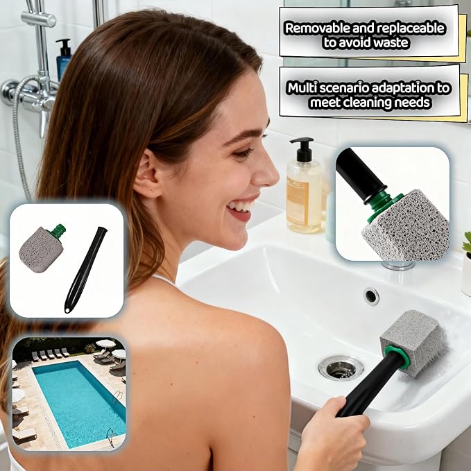 Pumice Toilet Bowl Cleaning Stone with Handle, Replaceable Heads, Natural Pumice Scrubber for Hard Water Stains, Multi-Surface Safe, 9.5 Inch, 3 Refills Included