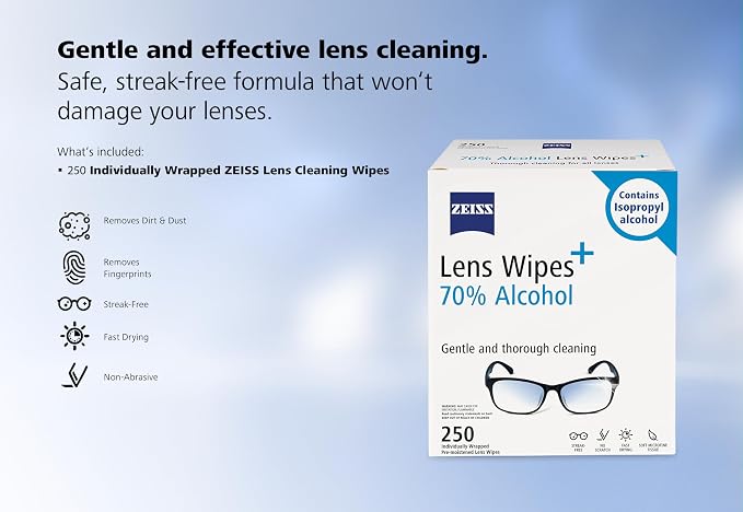 ZEISS Pre-Moistened Lens Cleaning Wipes with 70% Alcohol, 250 Count