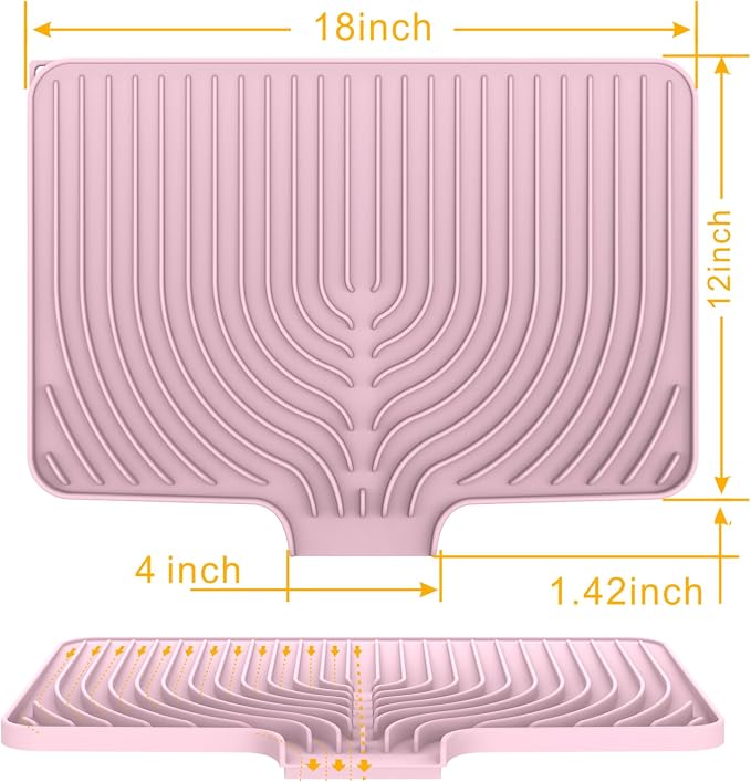 Dish Drying Mat for Kitchen Counter, 18"x12" Dish Drying Rack (pink) | Various Sizes & Colors,Steep-Slope Built in Drain,High-fin Ventilation,Food-grade Silicone,500F heat resistant,for Flat sinks