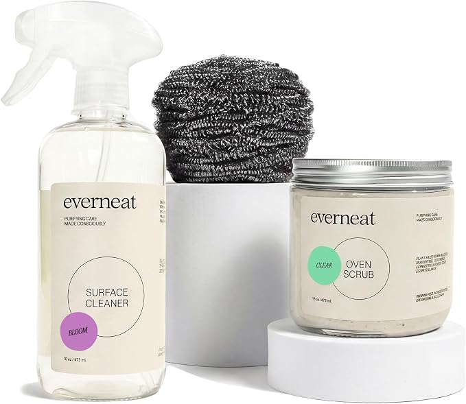 Everneat Oven Cleaning Kit: Natural Oven Cleaner and Kitchen Cleaner | Heavy Duty Oven Cleaner & Oven Rack Cleaner Kit | Fume-free & Safe to Clean All Ovens (Bloom) | Refillable Plastic Jar & Bottle