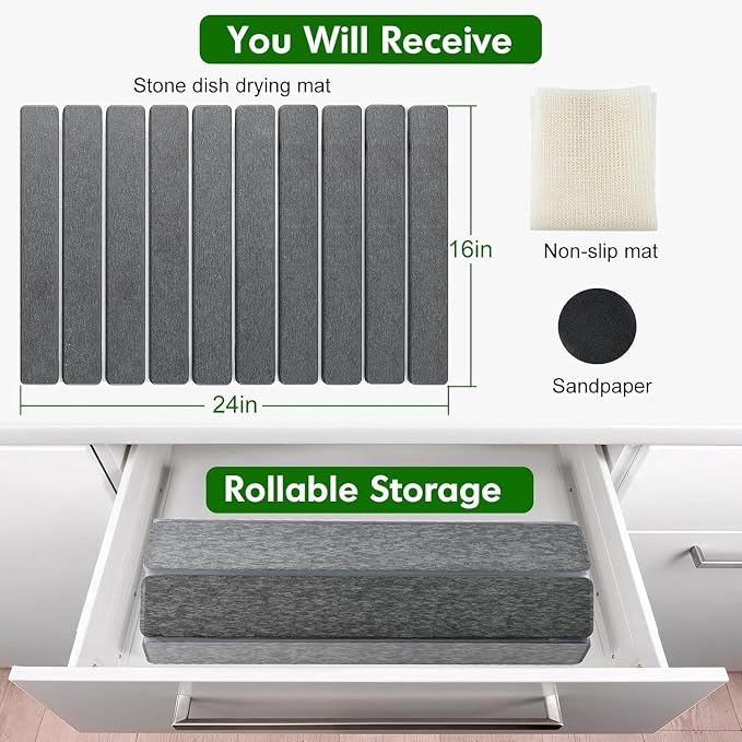 Large Stone Dish Drying Mat for Kitchen Counter 24" x 16" – Diatomaceous Earth Quick Dry Water Absorbing Mat –Roll up Drying Pads – Countertop Mats For Plates Dishes Rack –Matt Finish -Dark Gray