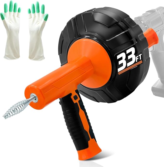 Drainsoon Auto Feed Drain Auger with Drill Adapter, 33 Feet Drain Snake Hair Clog Remover, Manual or Powered Plumbing Snake Drain Cleaner for Bathroom, Shower, Kitchen Sink, Comes with Gloves