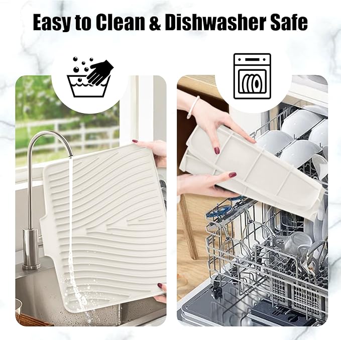 TIKNIK Silicone Dish Drying Mat for Kitchen Counter - Heat Resistant & Non-Slip Dish Drain Pad with Built-In Drain, Dishwasher Safe, Quick-Dry, Hangable & Roll-Up for Storage, Cream-2pcs, 16" x 12"