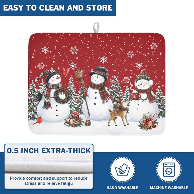 Christmas Snowman Dish Drying Mat for Kitchen Counter 18x24 Inch | Red Xmas Theme Trees Snowflake Pattern Dish Drainer Mat Rustic Winter Holiday Absorbent Washable Drying Pad