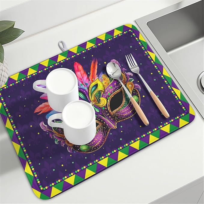 Mardi Gras Dish Drying Mat for Kitchen Counter Masquerade Mask Feather Drying Mats Absorbent Reversible Microfiber Washable Draining Pad Washable Dry Mat 18x24 Inch