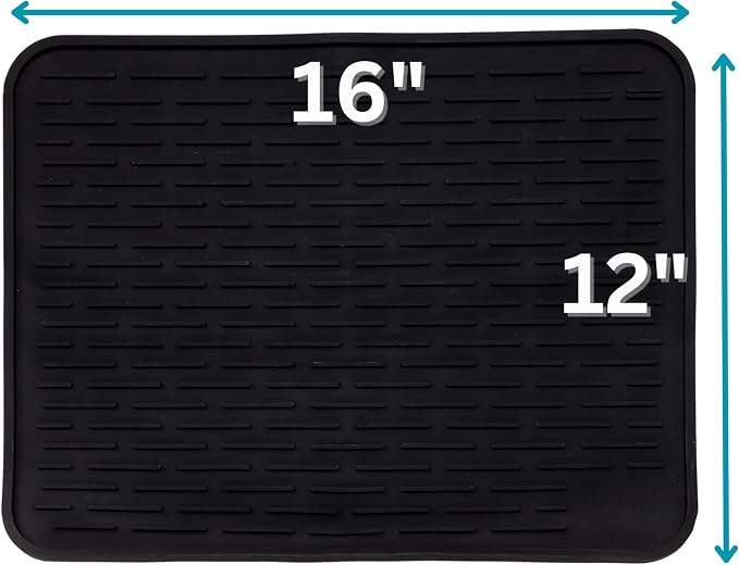 Large Silicone Dish Drying Mat for Kitchen Counter or Under Sink, 16" x 12" Large, Waterproof Pet Feeding Mat, Water Bowls, Under Drying Racks for Dishes, Coffee Bars, Bar Mats (Black)…