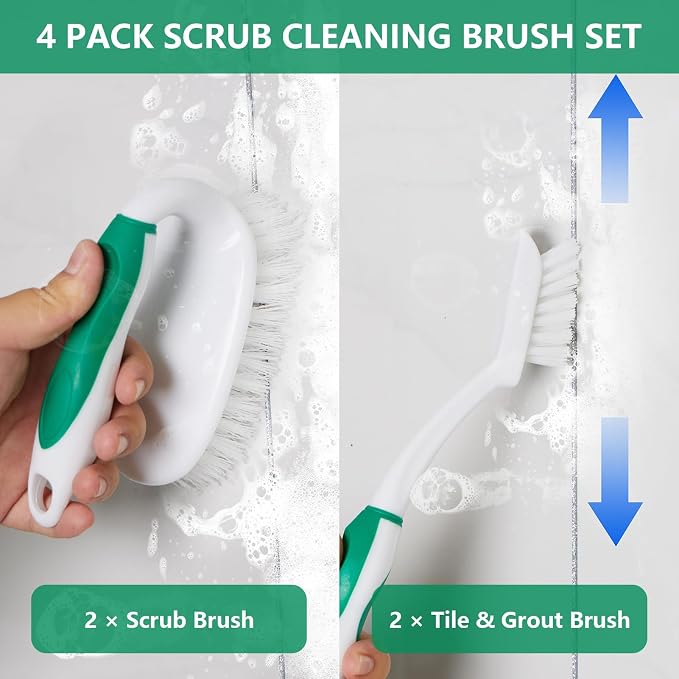 Scrub Brush Set, 4 Pack Deep Cleaning Brush Kit, Green | 2 Scrub Brush, 2 Tile & Grout Brush with Built-in Scraper, Household Commercial Scrubber for Floor, Shower, Pool Wall, Tub