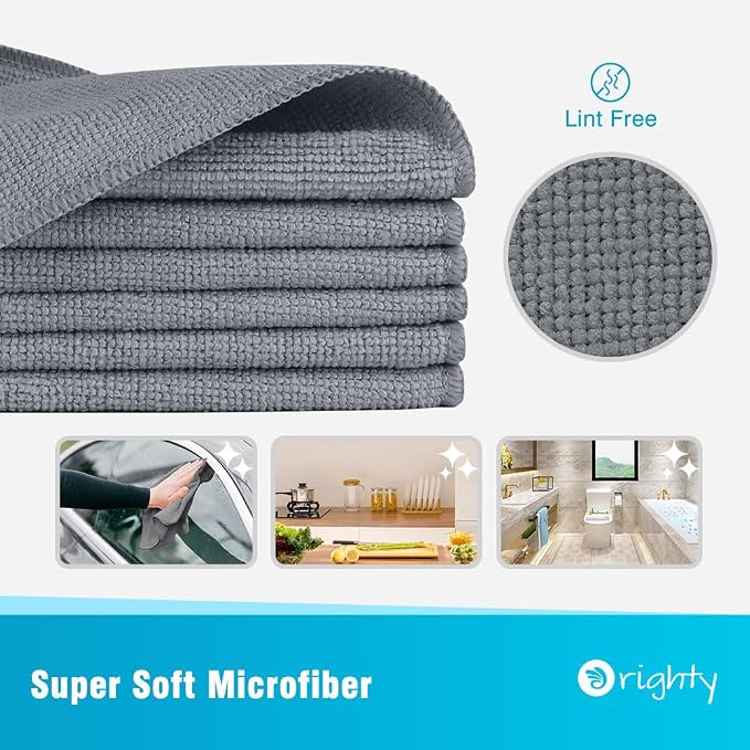 Orighty Microfiber Cleaning Cloth, Cleaning Rags, 12 Pack, 12x11 in, Grey | Microfiber Towels for Cars, Soft Highly Absorbent Rag, Lint Free Cloths for Car Care, House, Kitchen