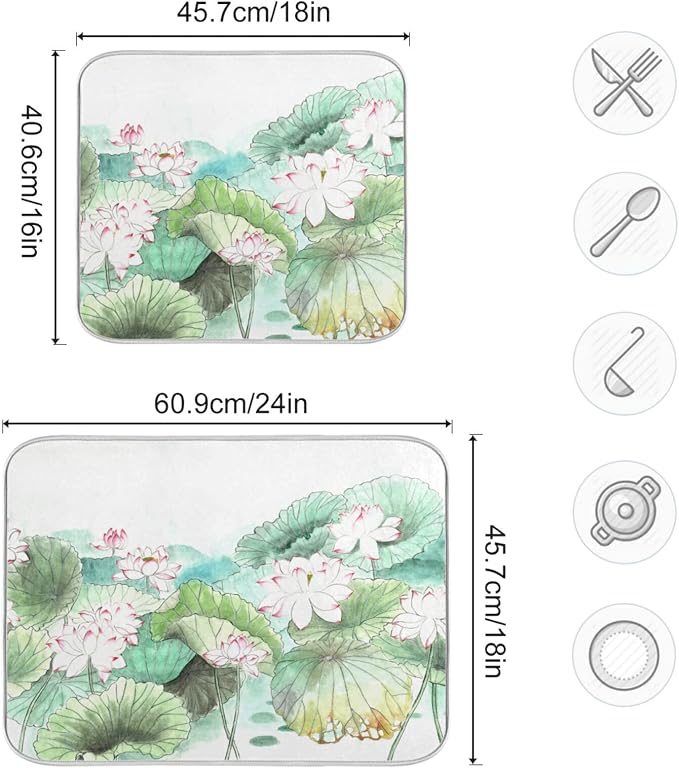 Absorbent Dish Drying Mat for Kitchen Counter - Lotus Watercolor Microfiber Drying Pad, Reversible Drainer Mats for Countertop, Small 16 x 18 inch