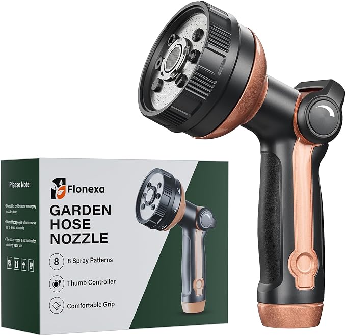 Heavy Duty Metal Garden Hose Sprayer with 8 Patterns &Thumb Control | Rust-proof metal,8 spray patterns,Thumb-control flow,On-off valve, Ergonomic grip for Lawns,Plants,Cars,Pets
