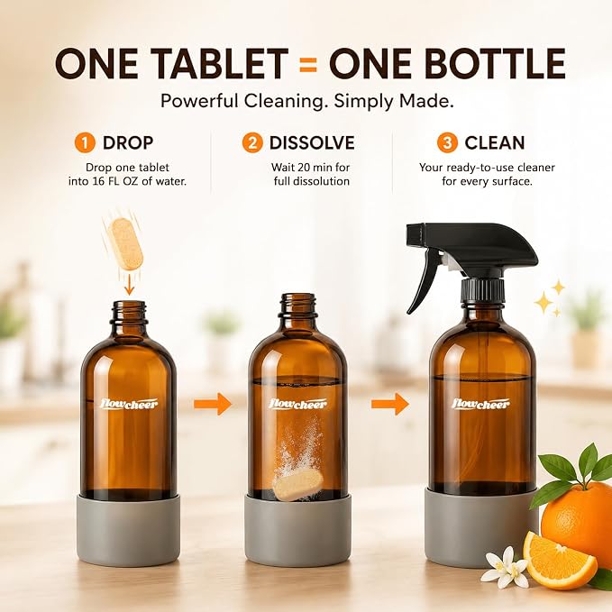 flowcheer Multi Surface Cleaner Refills -12 Pack All Purpose Cleaning Refill Tablet-Makes 192 fl oz Bottles of Spray Cleaner for Household&Kitchen Cleaning (Citrus)