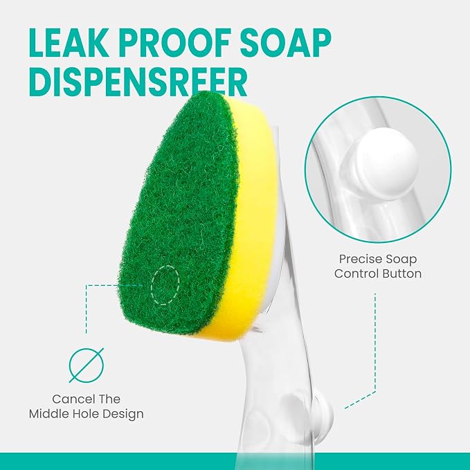 Dishwand Refill with Handle, Non Scratch Dish Wand Replacement Sponge Heads | Heavy Duty Head Soap Control Dispenser Set, Dishwashing Scrub Dispensing Brush Dishwasher Pad, Kitchen Sink Cleaning Scrubber