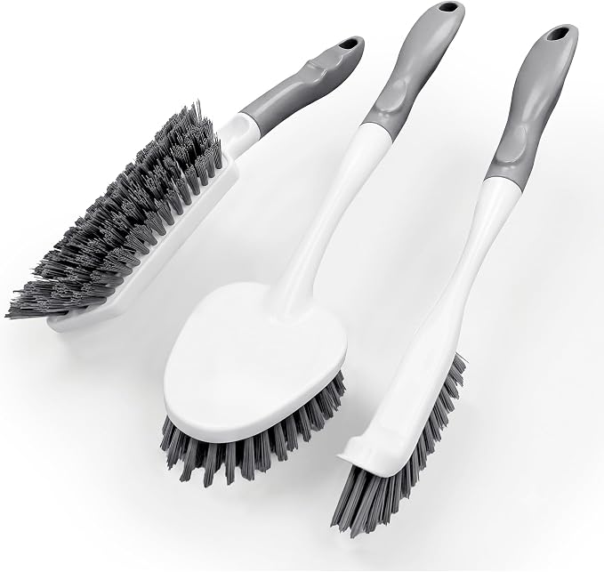3PCS Heavy Duty Scrub Brush Set - Shower Cleaning Brushes for Bathroom | Corner brush with scraper, V-shape grout brush & stiff scrubber. For grout, tracks, crevice, shower, tub & floor.