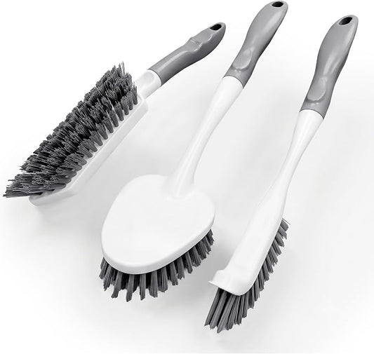 3PCS Heavy Duty Scrub Brush Set - Shower Cleaning Brushes for Bathroom | Corner brush with scraper, V-shape grout brush & stiff scrubber. For grout, tracks, crevice, shower, tub & floor.