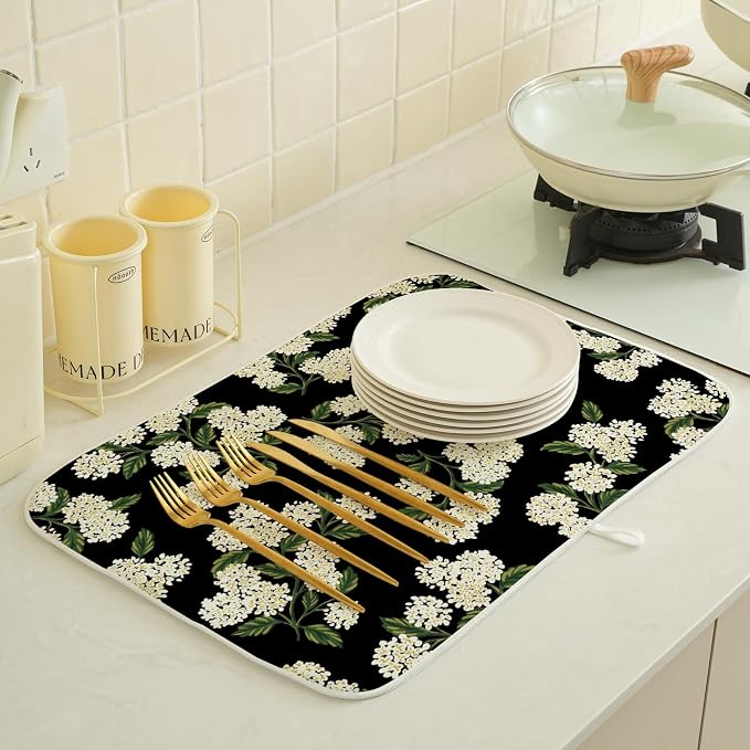Black Hydrangea Dish Drying Mats 18x24 Inch Mats Spring Beige Green Floral Drying Mats Summer Vintage Flower Seasonal Absorbent Drying Dish Pad for Kitchen Dining Room Counter Decorations
