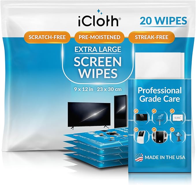 iCloth XL Screen Cleaning Wipes, Lint-Free and Streak-Free, Fast-Drying, Removes Dust, Fingerprints, and Smudges (20 XL Wipes)