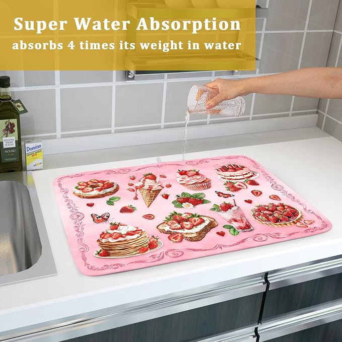 Strawberry Dish Drying Rack Mat Pink Absorbent Microfiber Dish Drying Mat for Kitchen Counter 18x24 In