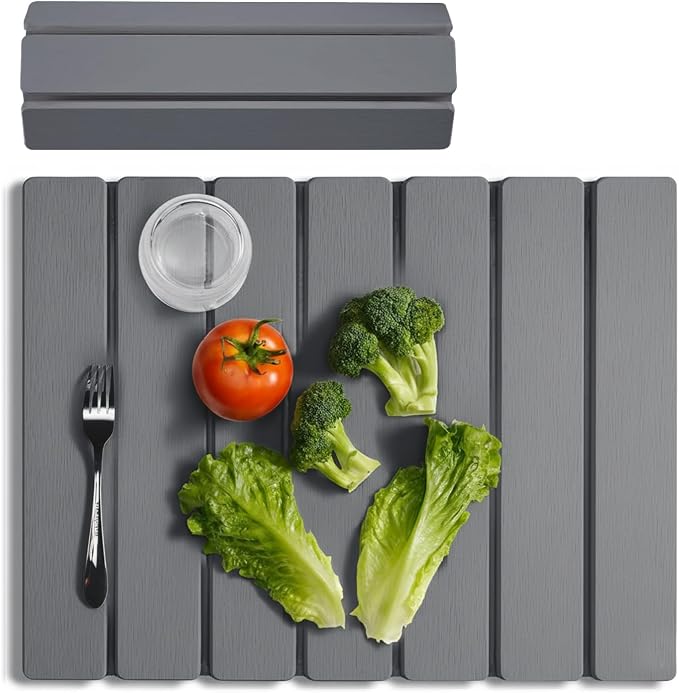 Meowoo Stone Drying Mat for Kitchen Counter, 15.7"x11.8" Foldable Diatomaceous Earth Mat, Super Absorbent, Quick-Dry Bath & Kitchen Pad for Dishes, Cups, Non-Slip, Fits Any Countertop - Dark Gray