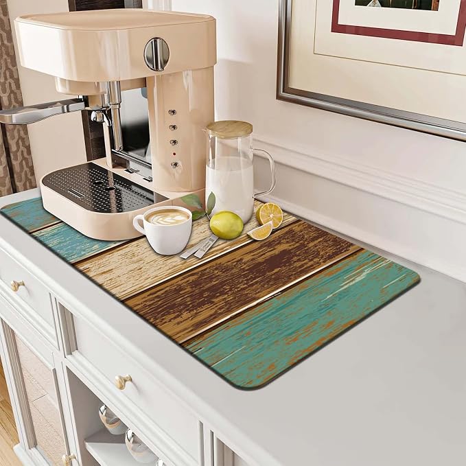 MCALK Teal Dish Drying Mat for Kitchen Counter, Wood Pattern Dish Drying Pad with Anti-Slip Rubber Base, Absorbent Kitchen Sink Mat with Farmhouse Art Decor (1 pc 18" x 16")