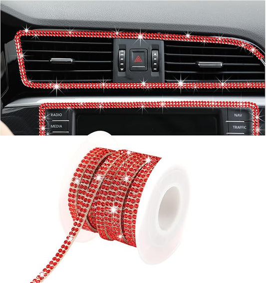 Bling Car Trim Self Adhesive, 16.4 Ft Rhinestone Auto Dashboard Line Molding Sticker Strips, DIY Bling Car Interior Decor Sticker for Women Girls, Vehicle Exterior Accessoreis (Red)