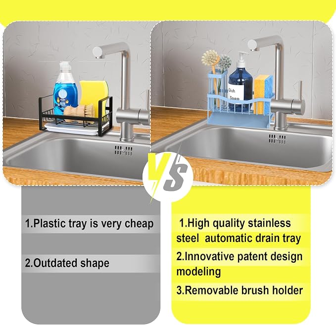 Fssvcd Maifan Sink Caddy Sponge Holder for Kitchen with Brush Holder and Stainless Steel Self Drain Tray, Rustproof Kitchen Sink Organizer for Sponge, Soap Dispenser Storage Accessories