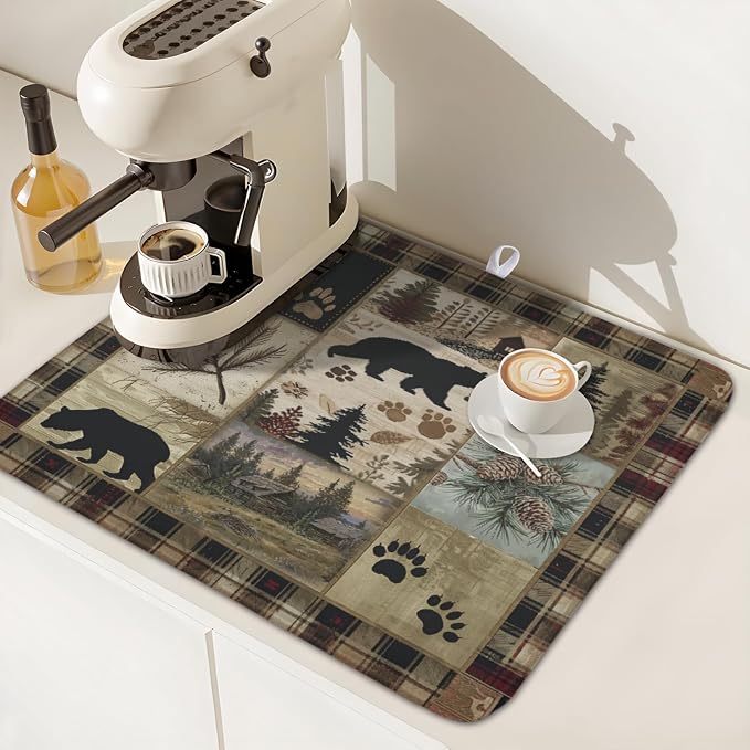 Giwawa Black Bear Dish Drying Mat Forest Cabin Decorative Dishes Pad 16x18 Inch Absorbent Fast Dry Dish Drainer Rack Mats for Kitchen Counter Sink