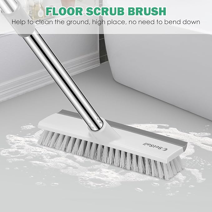SetSail Floor Scrub Brush and Grout Brush with 51-in Long Handle,Grey White | 2 in 1 Scrape Brush Stiff Bristle Floor Scrubber for Cleaning Shower Bathroom Garage Kitchen Wall Deck Tub Tile