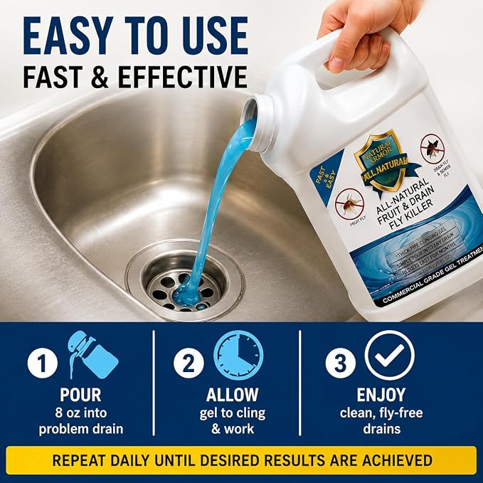 Natural Armor Drain Fly & Fruit Fly Killer (128 Oz, Case of 4) | Commercial Drain Treatment for Indoor Drains - Eliminates Drain Flies, Fruit Flies, Gnats & Sewer Flies - Septic Safe
