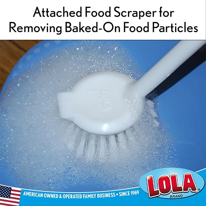 LOLA Dish Brush w/Scraper, 2 Pack, Durable Fiber Non-Scratch Bristles, Ergonomic Non-Slip Grip Handle, for Baked-on & Caked-on Messes