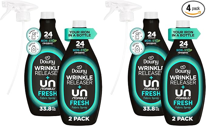 Downy Wrinkle Releaser Spray,All In One Wrinkle Release Spray,Odor Eliminator,Static Remover,Fabric Refresher & Ironing Aid for Clothes,33.8 Fl Oz,Light Fresh Scent,(Pack of 4)